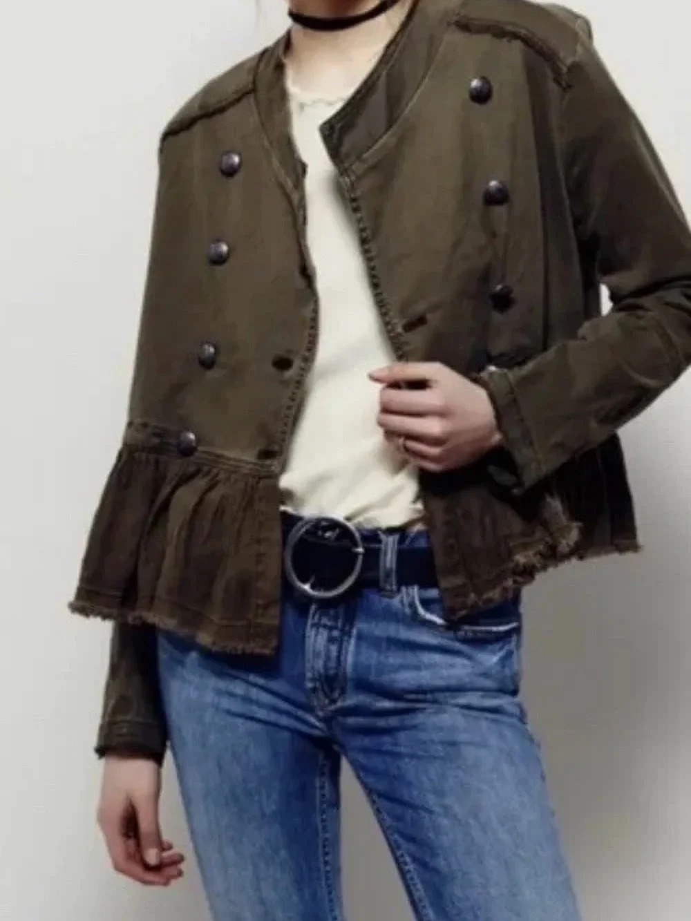 Free People Military Army Green Ruffle Hem Peplum Jacket Size Large Cotton